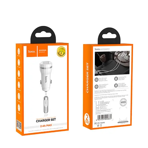 Набір - Адаптер автомобільний + кабель Micro cable - Hoco Z27 2USB 2.4A white - фото 2
