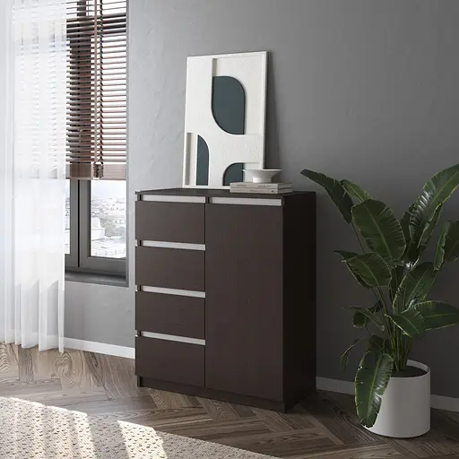 Комод Vays, сучасний, з полицями, 4 шухляди, без ручок R-32 Венге Темний-Білі планки