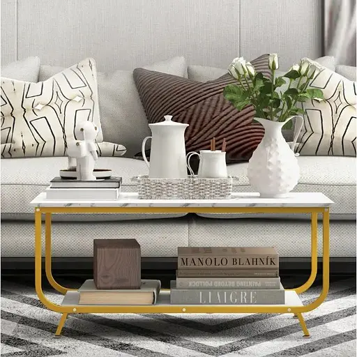 Журнальный стол Costway Marble двухъярусный белый - фото 5