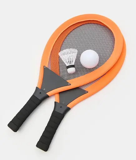 Набір ракеток 202, 2 ракетки 54см, пластиковий каркас, текстильна сітка, м'яка ручка, волан, м'яч, в сітці (6980879300040) Помаранчевий - фото 1