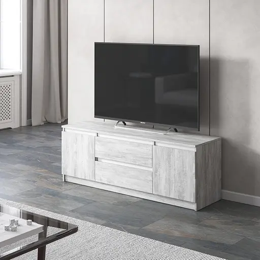 Тумба під телевізор Vays, для вітальні, сучасна, 2 висувних ящика та дві двері, без ручок R-28 Бетон-Білі планки