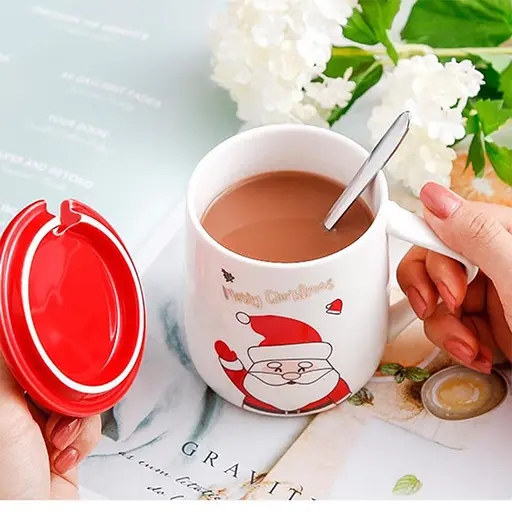Новогодняя чашка с крышкой и ложкой Счастливого Рождества Санта-керамика 360мл Белая с красным - фото 5
