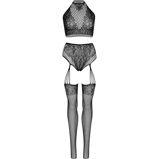 Еротичний комплект Leg Avenue Crop top and garter panty Black, топ, трусики з доступом, панчохи - фото 4