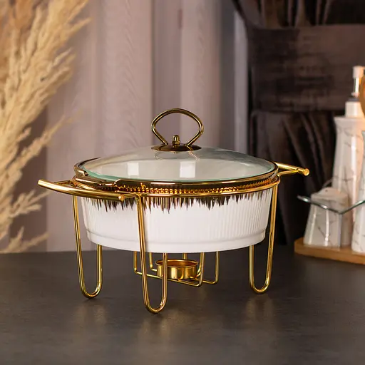 Мармит круглый 1.5 литра настольный с подогревом для блюд керамический на металлической подставке с крышкой Белый с золотым - фото 4