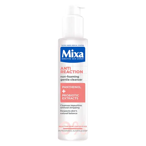 Мягкий беспенный очищающий гель с пантенолом Mixa Anti-Reaction Non-Foaming Gentle Cleanser для успокоения и уменьшения раздражений чувствительной кожи лица 150 мл