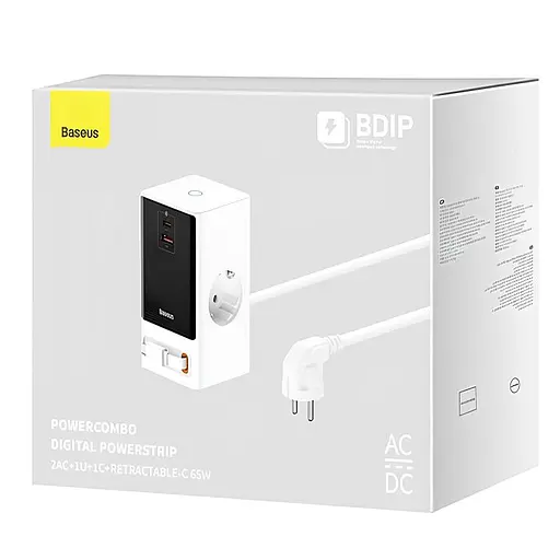 МЗП Baseus OS PowerCombo Digital PowerStrip+Retractable-C 65W (1USB-A/1C/2Socket) (1.5m) (PSLR000) Glacier White - фото 5