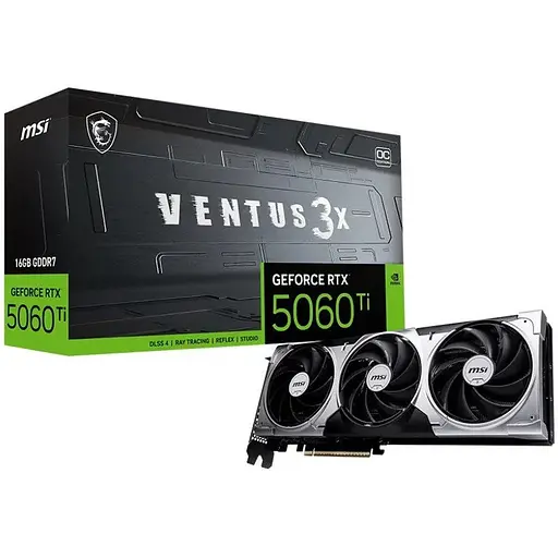 Відеокарта GeForce RTX 5060 Ti, MSI, VENTUS 3X OC, 16Gb GDDR7, 128-bit, HDMI/3xDP, 2617/28000 MHz, 8-pin (G506T-16V3C) - фото 1