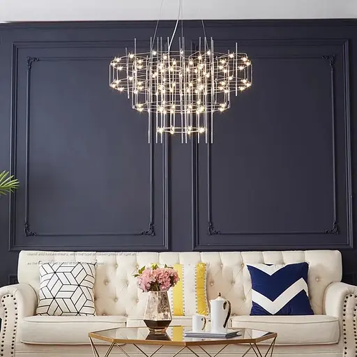 Невагома срібна триярусна люстра Ø 80 см | Line F | Арт. MJ205-800 CH - фото 1