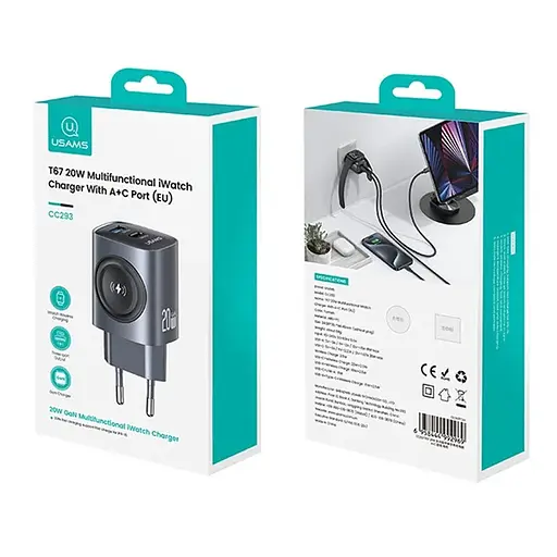МЗП Usams US-CC293 T67 Multifunctional iWatch Charger 20W (1USB-A/1C) Tarnish - фото 6