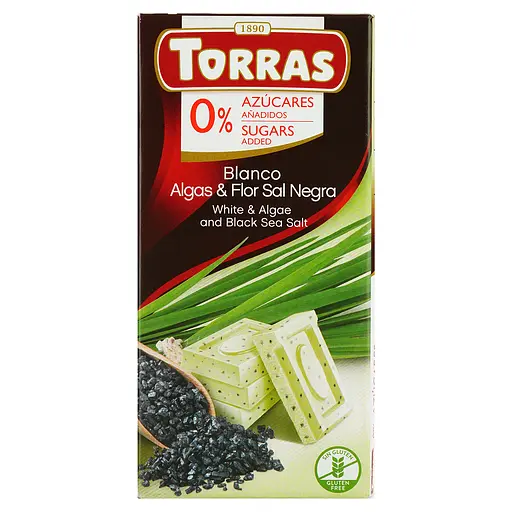 Уцінка. Шоколад білий Torras з водоростями і чорною морською сіллю без цукру 75 г - фото 1