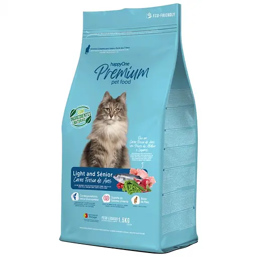 Сухой корм для пожилых и малоактивных кошек happyOne Premium Cat Light & Senior Fresh Meat со свежим мясом 1.5 кг - фото 1