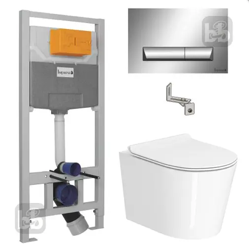 Набір інсталяційний: JESS Rimless унітаз підвісний, сидіння Slim slow-closing, IMPRESE i8120 інсталяція для унітазу 3в1, клавіша хром Pan - фото 1
