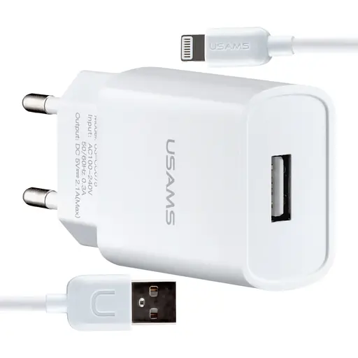 Мережевий зарядний пристрій Usams T21 Charger kit- T18 single USB EU charger + Lightning cable Білий - фото 1