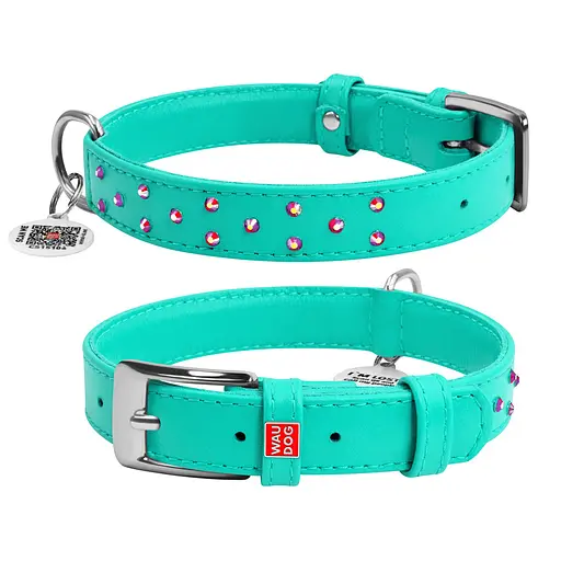 Ошейник для собак кожаный Waudog Glamour с QR-паспортом с клеевыми стразами Ш 25 мм Д 38-49 см ментоловый