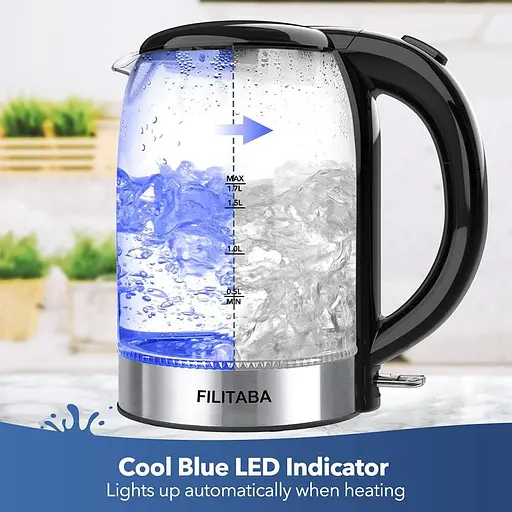 Электрический чайник, стеклянный чайник для горячей воды объемом 1,7 л с синим светодиодным индикатором, бесцветный беспроводной - фото 5