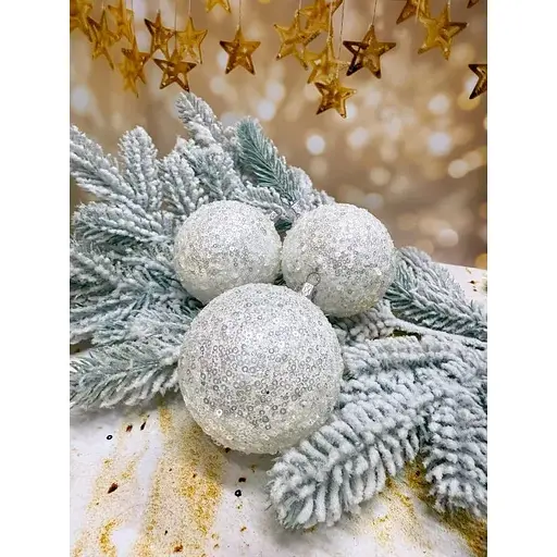 Набір ялинкових куль Паєтка 100 мм 6 шт Білий - фото 1