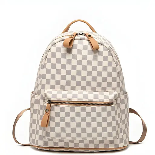 Повсякденний жіночий рюкзак з екошкіри 30х13х35 см світло-бежевий у клітинку (2255)
