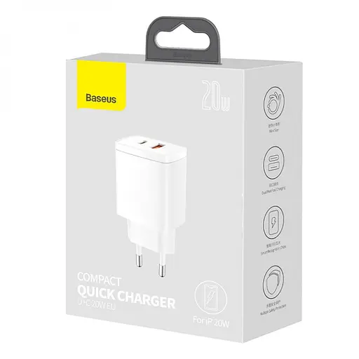 Зарядний пристрій Baseus Compact Quick Charger USB+Type-C 20W Білий (CCXJ-B02) - фото 6