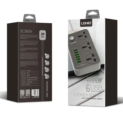 Сетевое зарядное устройство удлинитель LDNIO SC3604 6 USB 3 розетки 2m серо-черный - фото 8