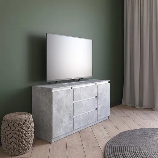 Комод под телевизор Vays R-15 Бетон-Белые планки, 3 ящика и 2 отделения с полками, без ручек, ЛДСП, 140×40×75 см - для спальни, гостиной\ Белые планки