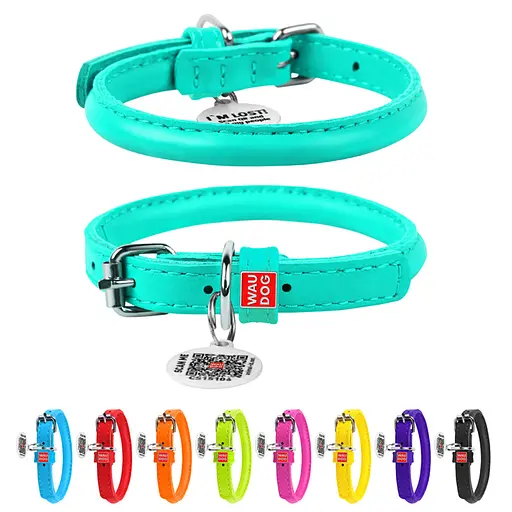 Ошейник для собак кожаный Waudog Glamour с QR-паспортом круглый Д 8 мм Д 20-25 см ментоловый - фото 2