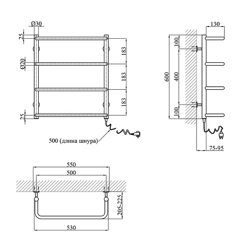 Рушникосушарка електрична Kroner Скоба ДС08EL 600x500/4 ЕL CV023833, Хром, Ліве - фото 2