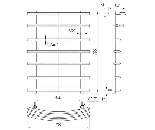 Водяна рушникосушка Mario Маріо 700x530/400, Хром - фото 2