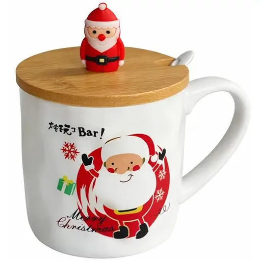 Новорічна чашка Olens 102-1086-1 Новорічна братва кераміка з бамбуковою кришкою та ложкою 380 мл - фото 1