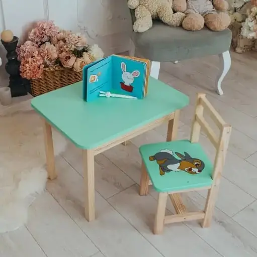 Дитячий письмовий столик та стільчик (з ящиком) для малювання та навчання (Зелений) Зайчик