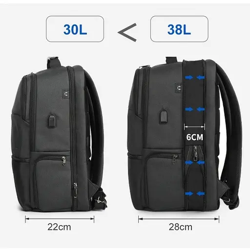 Рюкзак міський розширюваний Tigernu T-B3905 38л з USB для ноутбука 19" Black (17055) - фото 5