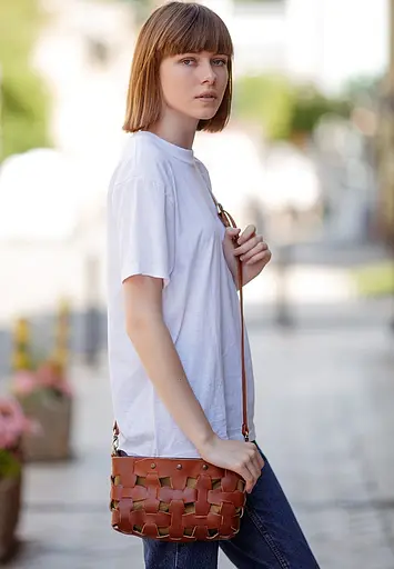 Шкіряна плетена жіноча сумка Пазл S світло-коричнева краст - фото 2