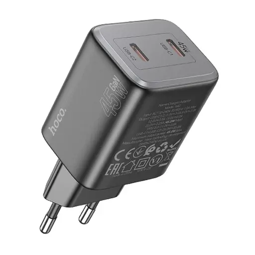 Мережевий зарядний пристрій Hoco N42 2 Type-C PD 45W чорний - фото 2