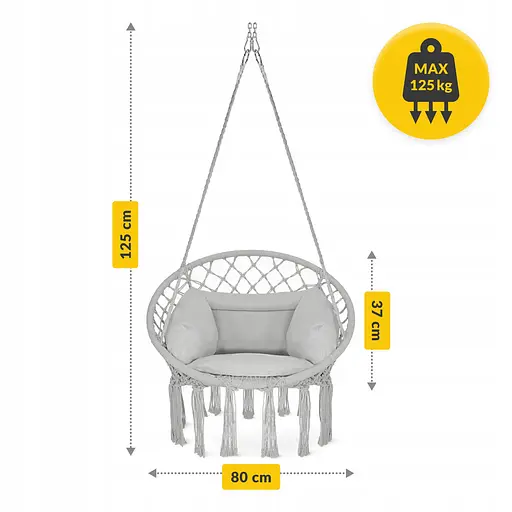 Крісло-гойдалка 4FIZJO Boho Dream 80 см з подушкою, підвісна, плетена Grey (P-5905973404532) - фото 9