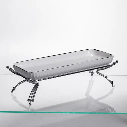 Фарфоровое сервировочное блюдо на металлической подставке 29.5×12×9 (см) блюдо для подачи закусок Белый с серебром Yiwu LB-1565S - фото 3