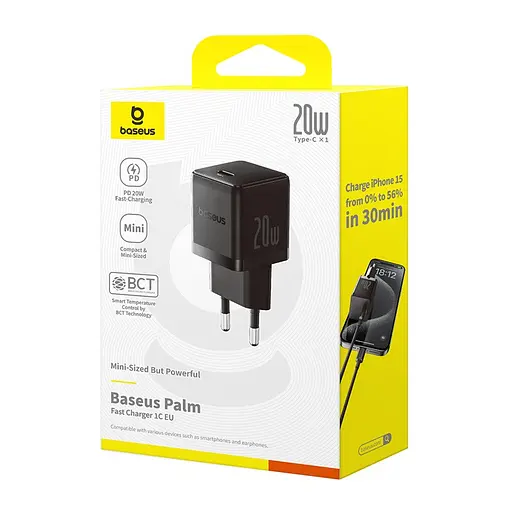 Мережевий зарядний пристрій Baseus Palm Fast Charger 1C 20W EU Cluster чорний - фото 2
