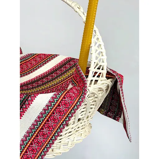 Комплект Великодній кошик Галичина білий зі лляним рушником 70х45 см Грація Червоний та свічка - фото 4