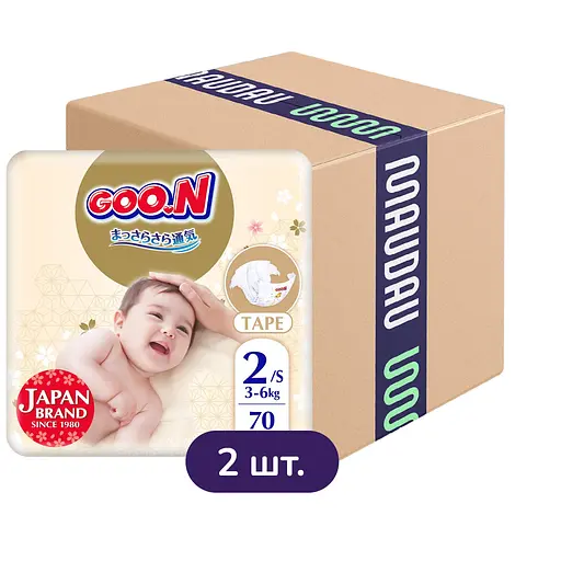Упаковка підгузків для дітей Goo.N Premium Soft 2 S (3-6 кг) на липучках унісекс 140 шт. (70 шт. х 2 шт.) - фото 1