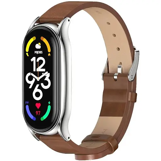 Кожаный ремешок MiJobs для фитнес-браслета Xiaomi Mi Band 5 и 6 Type С коричневый, держатель - серебристый