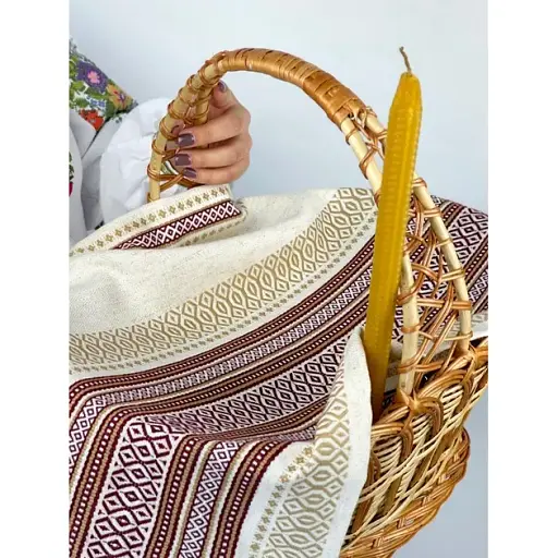 Комплект Великодній кошик Галичина з лляним рушником 70х45 см Коричневий Промінь червоний та свічкою з вощини