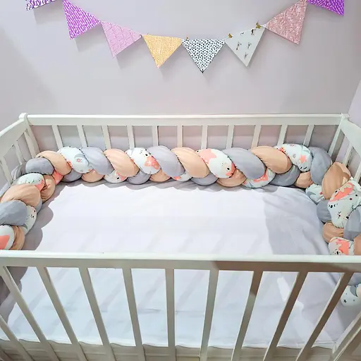 Бортик для ліжечка Косичка блакитний сірий бежевий