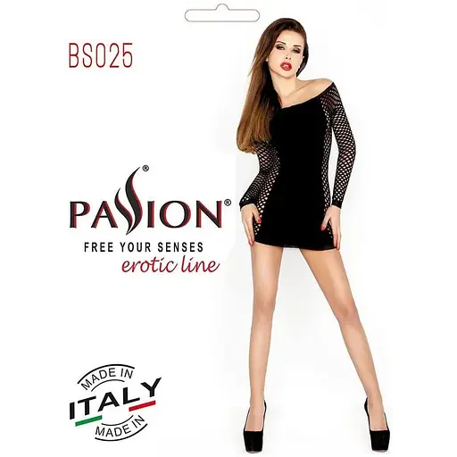 Бодістокінг Passion BS025 black, сукня-сітка, спущене плече, довгий рукав, S/M/L - фото 5