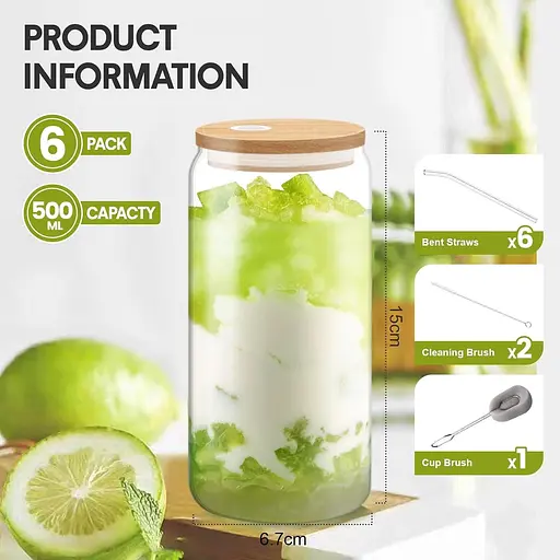 TAVADA, 6 скляних склянок з кришкою, для смузі, пива, коктейлів, кави, газування, коли - фото 4