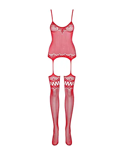 Бодістокінг Obsessive Bodystocking F214 red імітація корсета та панчіх на підв'язках S/M/L - фото 5