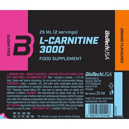 Уцінка. Карнітин BiotechUSA L-Carnitine 3000 Orange 20 шт. х 25 мл - фото 4