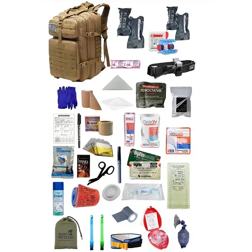 Укомплектованный медицинский тактический рюкзак №3 Rescue Ready MOLLE 45 л светло-коричневый - фото 1