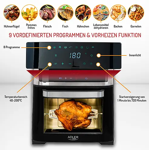 Аэрофритюрница 8 в 1 аэродуховка 13 л Adler AD 6309 2500 Вт - фото 8