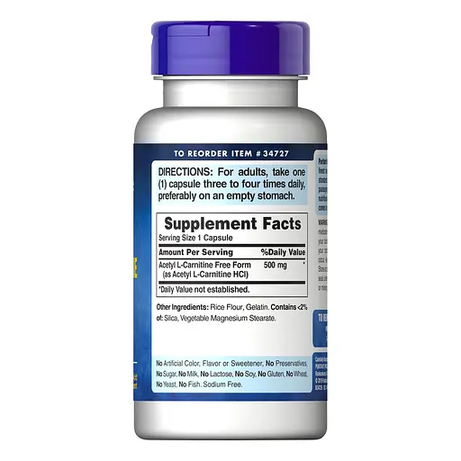 Ацетил-L-карнітин Puritan's Pride Acetyl L-Carnitine 500 mg, 60 капсул - фото 2