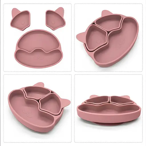 Набор детской силиконовой посуды Cheeks для прикорма на присосках из пищевого силикона темно розовый с грызунком прорезывателем-погремушкой Жираф - фото 2