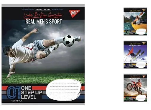 Зошити учнівські 36 аркушів клітинка. YES Real sport, зошит дя записів 15 шт. в упаковці