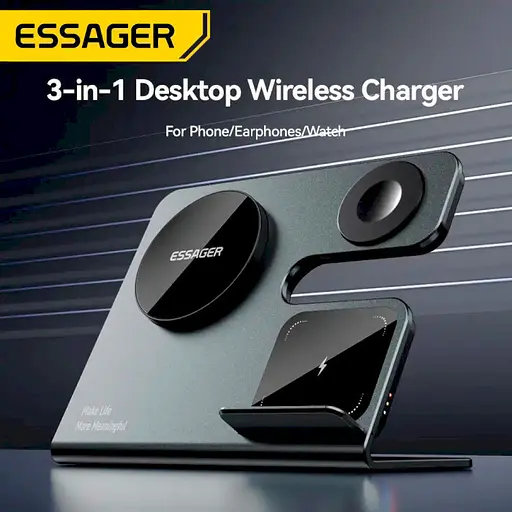 Бездротовий мультизарядний пристрій Essager Ruicheng desktop magnetic suction 15W (3 in 1) чорний - фото 4